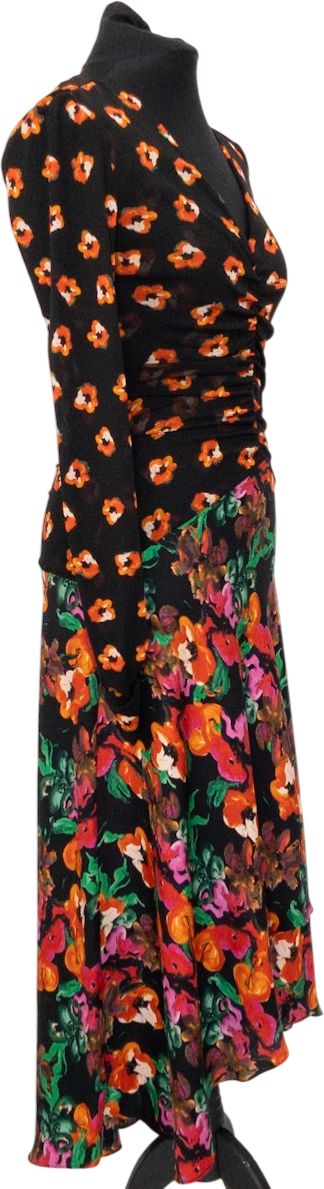Diane von Furstenberg Black Multi Floral Print Silk Dipped Hem Maxi Dress UK M
