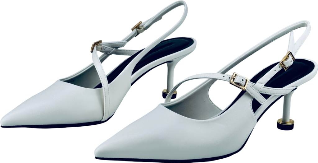 CHARLES & KEITH White Wynn Buckled Sculptural-heel Slingback Pumps UK 5 EU 38 👠