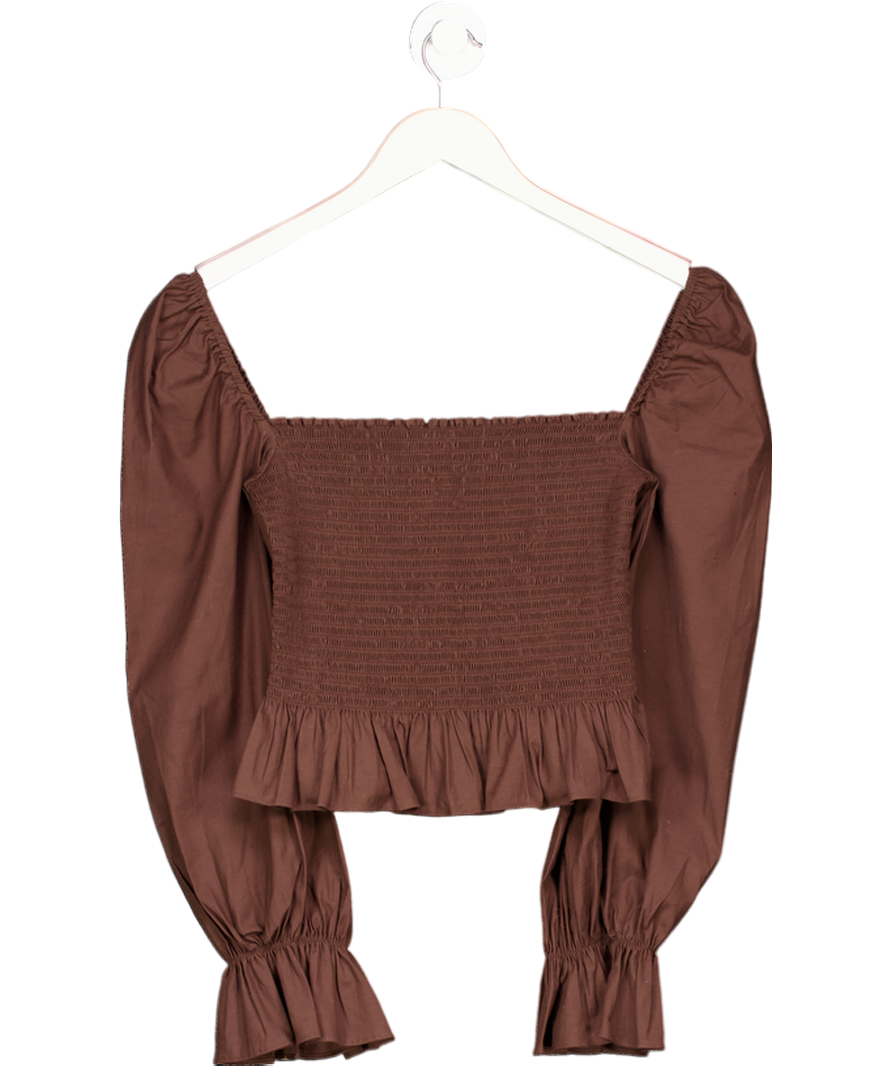 Reformation Brown Darby Shirred Stretch Organic Cotton-poplin Top UK XS