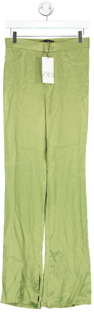ZARA Green Satin Flared Trousers UK S