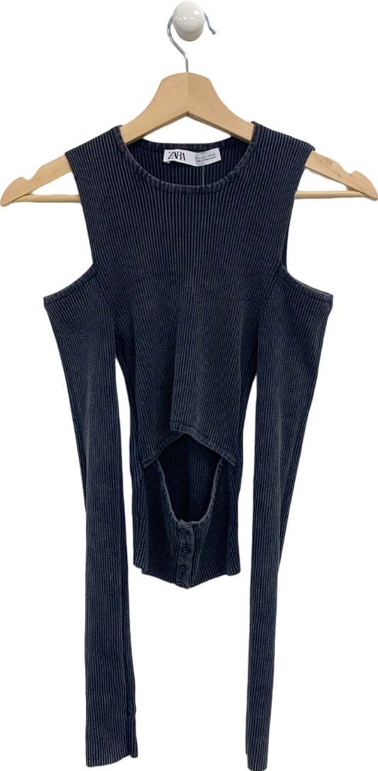 Zara Navy Ribbed Cut-Out Top UK S