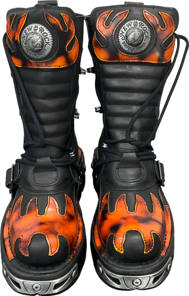 New Rock Black Flame Accented Leather Biker Boots UK 5 EU 38 👠