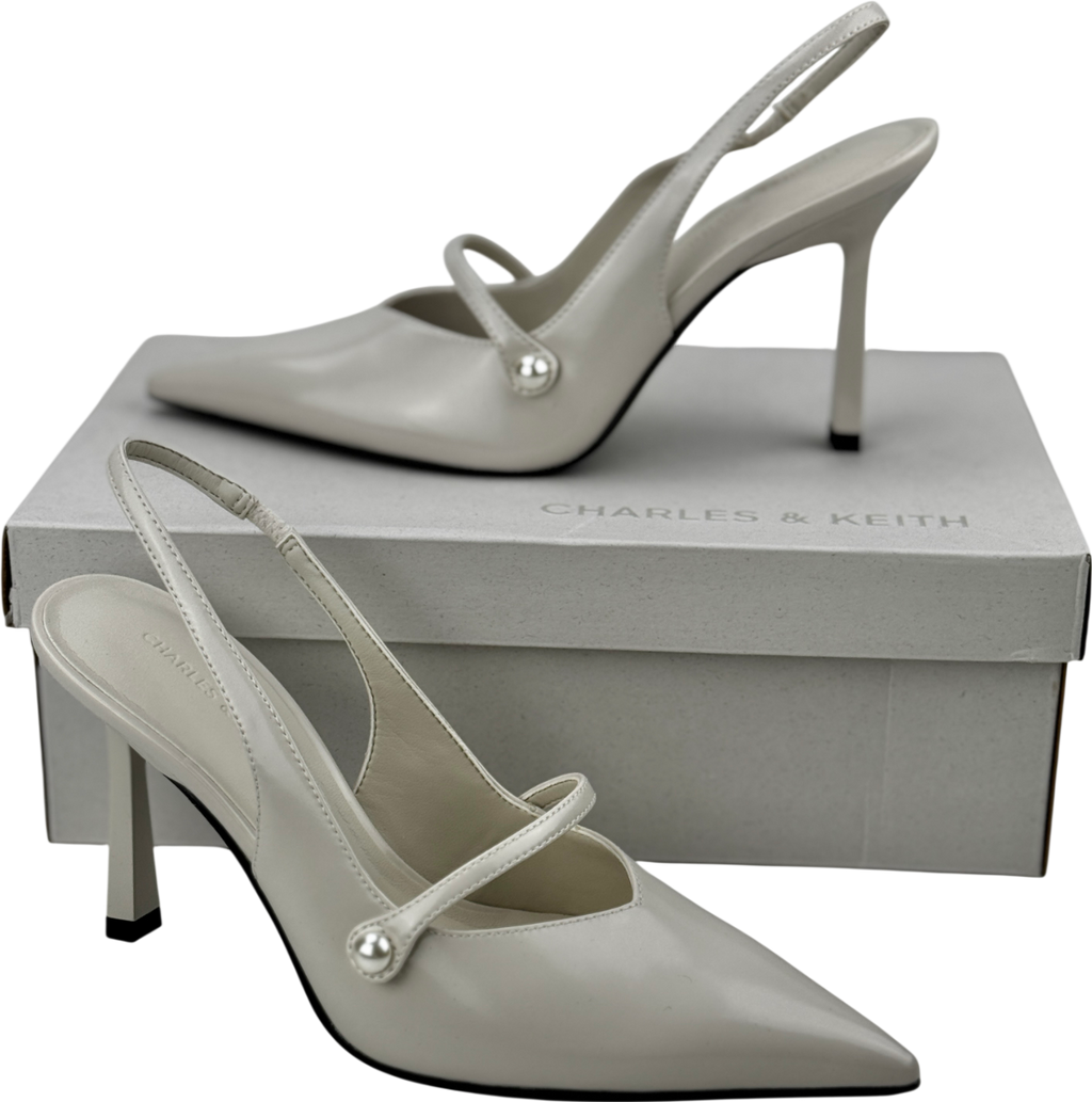 CHARLES & KEITH Cream Helena Pearl-buckle Pointed-toe Slingback Pumps UK 3 EU 36 👠