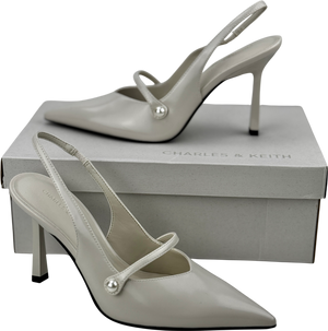 CHARLES & KEITH Cream Helena Pearl-buckle Pointed-toe Slingback Pumps UK 3 EU 36