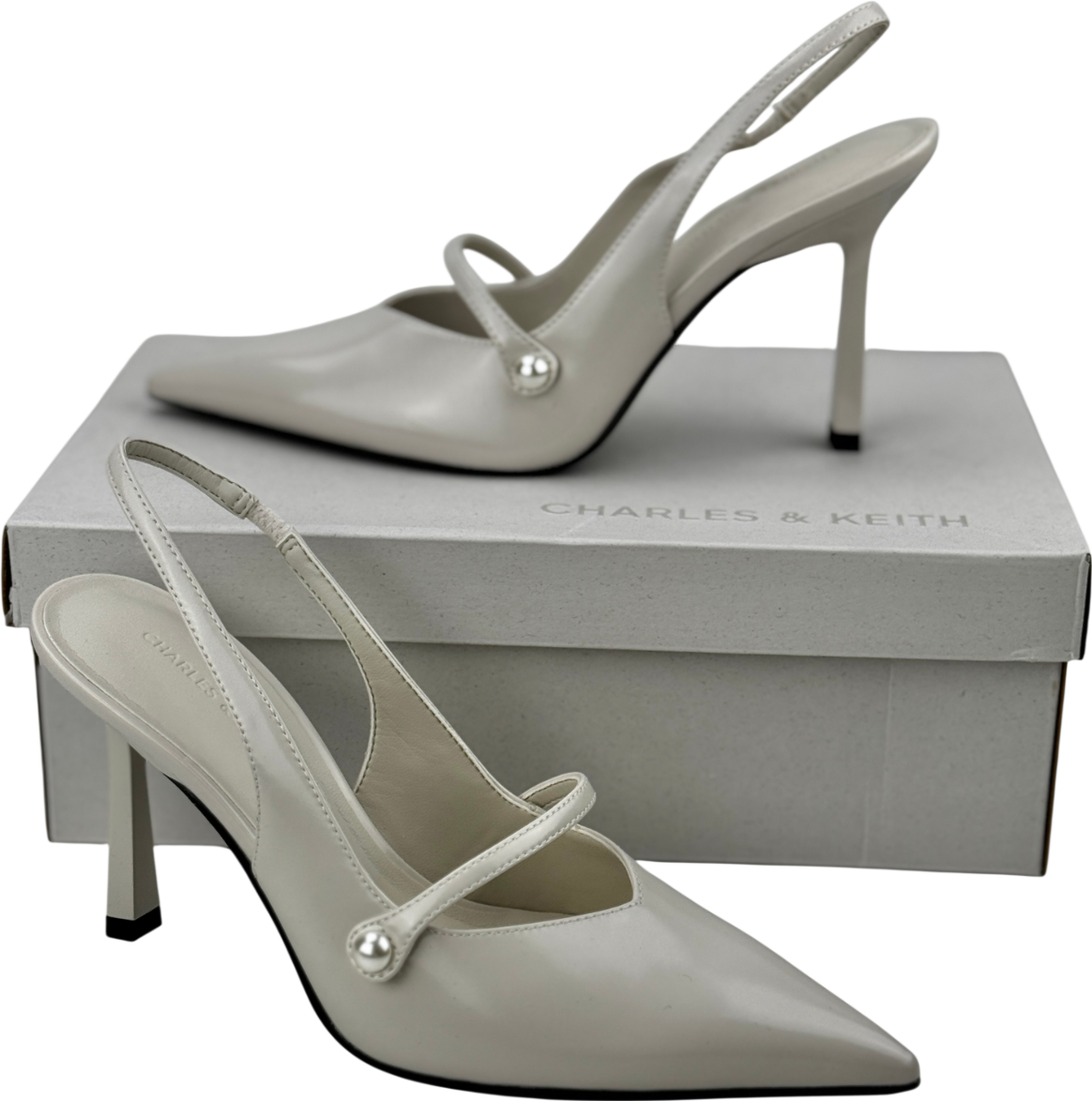CHARLES & KEITH Cream Helena Pearl-buckle Pointed-toe Slingback Pumps UK 3 EU 36 👠