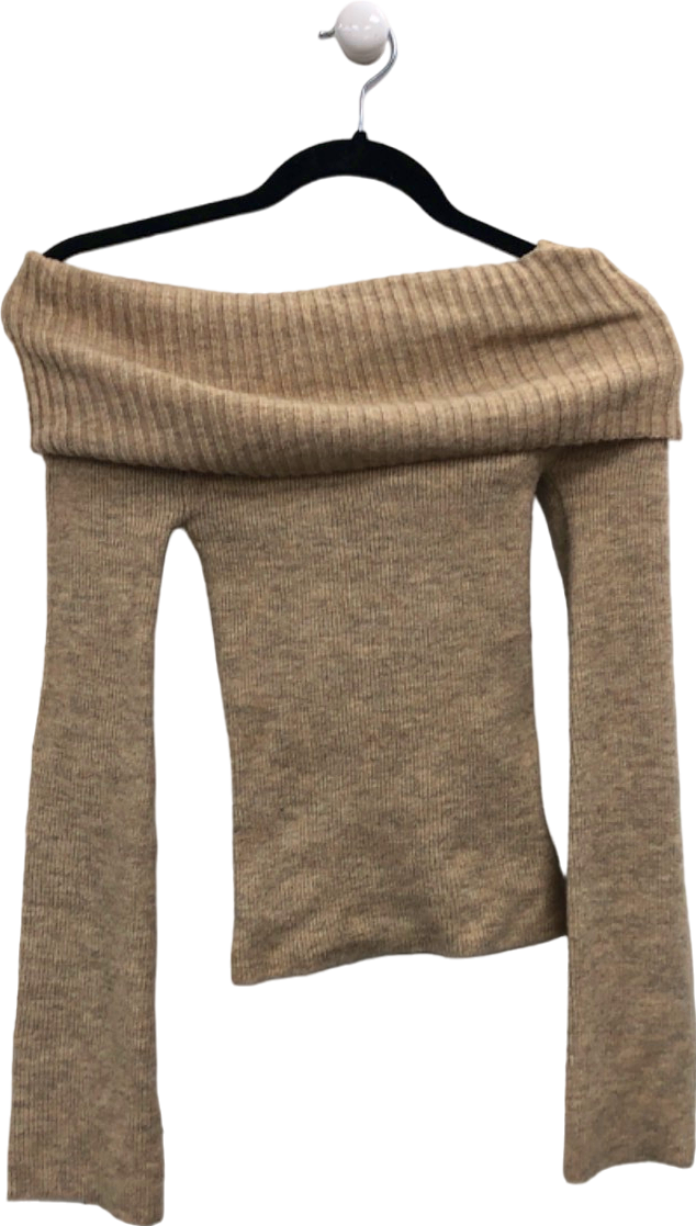Pretty Lavish Beige Off-shoulder Ribbed Knit Sweater XS