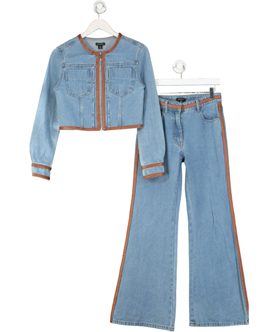 Karen Millen Blue Denim & Faux Leather Tipped Side Skinny Flare Jean And Cropped Jacket Set UK 6