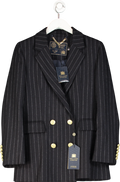 HOLLAND COOPER 100% Wool Blue Double Breasted Blazer Navy Blue / Chalk Pinstripe UK 10