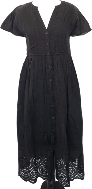 The White Company Black Broderie Anglaise Scallop Hem Organic Cotton Midi Dress UK 8