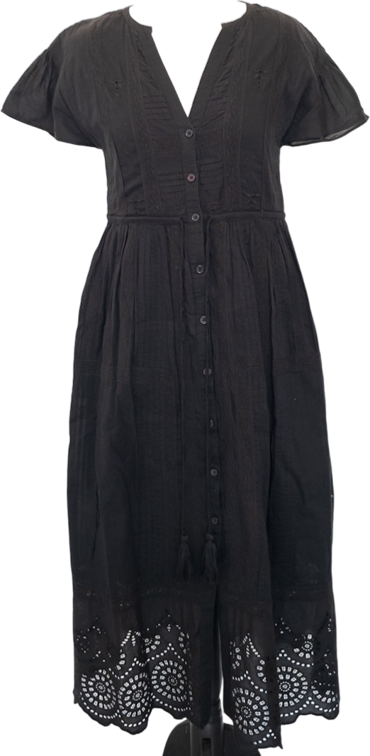The White Company Black Broderie Anglaise Scallop Hem Organic Cotton Midi Dress UK 8