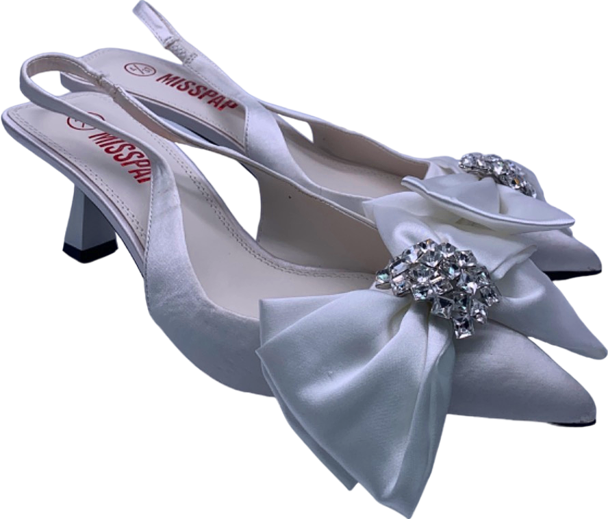 Misspap White Satin Slingback Heeled Shoes with Bow and Jewel Detail UK 4