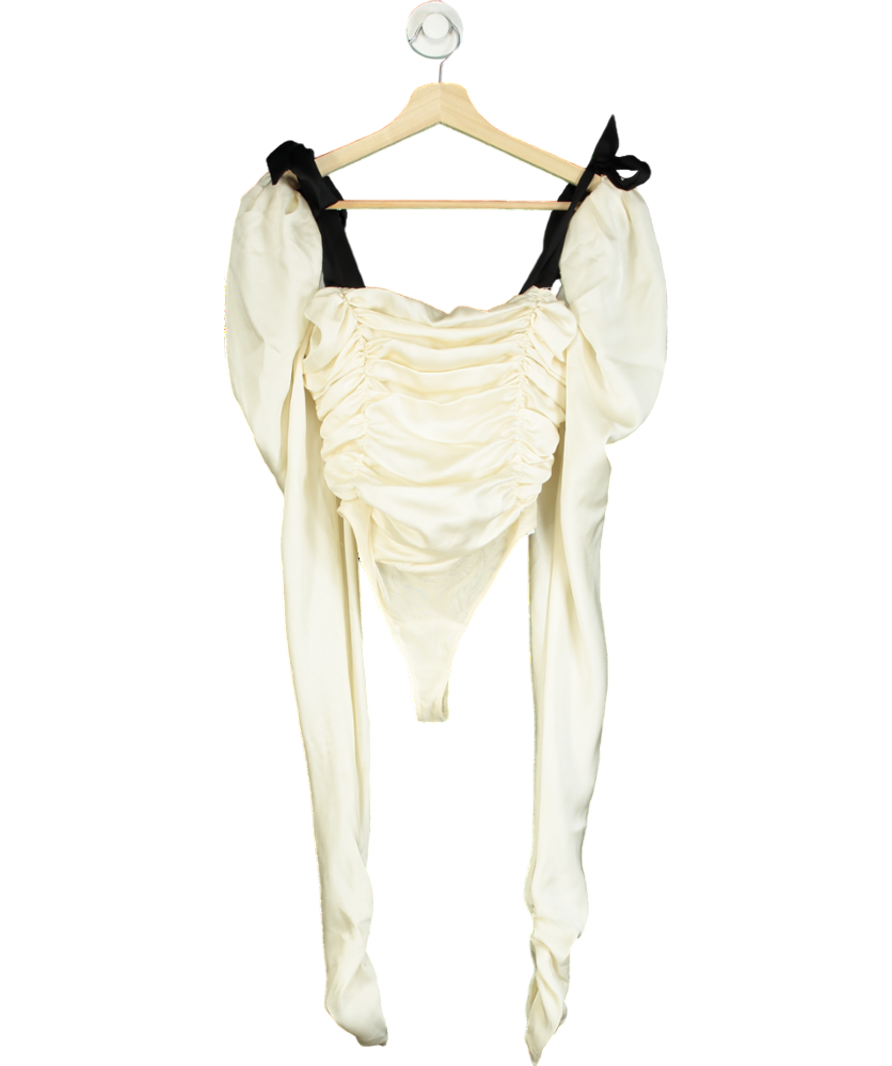 House of CB Cream Ruched Body Suit With Long Puff Sleeve Arms UK XS