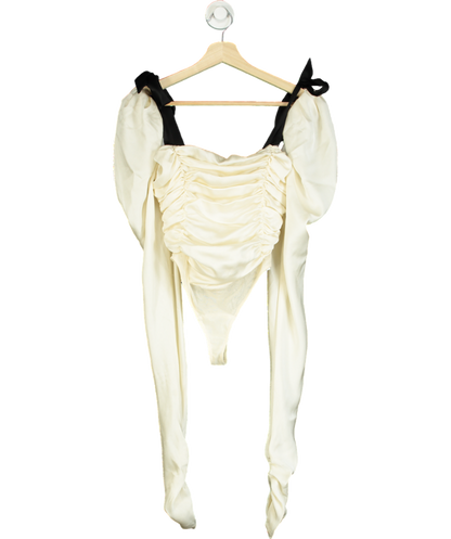 House of CB Cream Ruched Body Suit With Long Puff Sleeve Arms UK XS