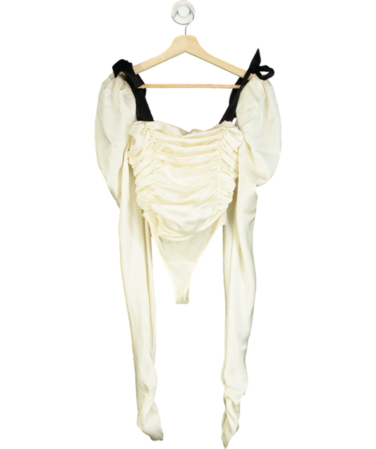 House of CB Cream Ruched Body Suit With Long Puff Sleeve Arms UK XS