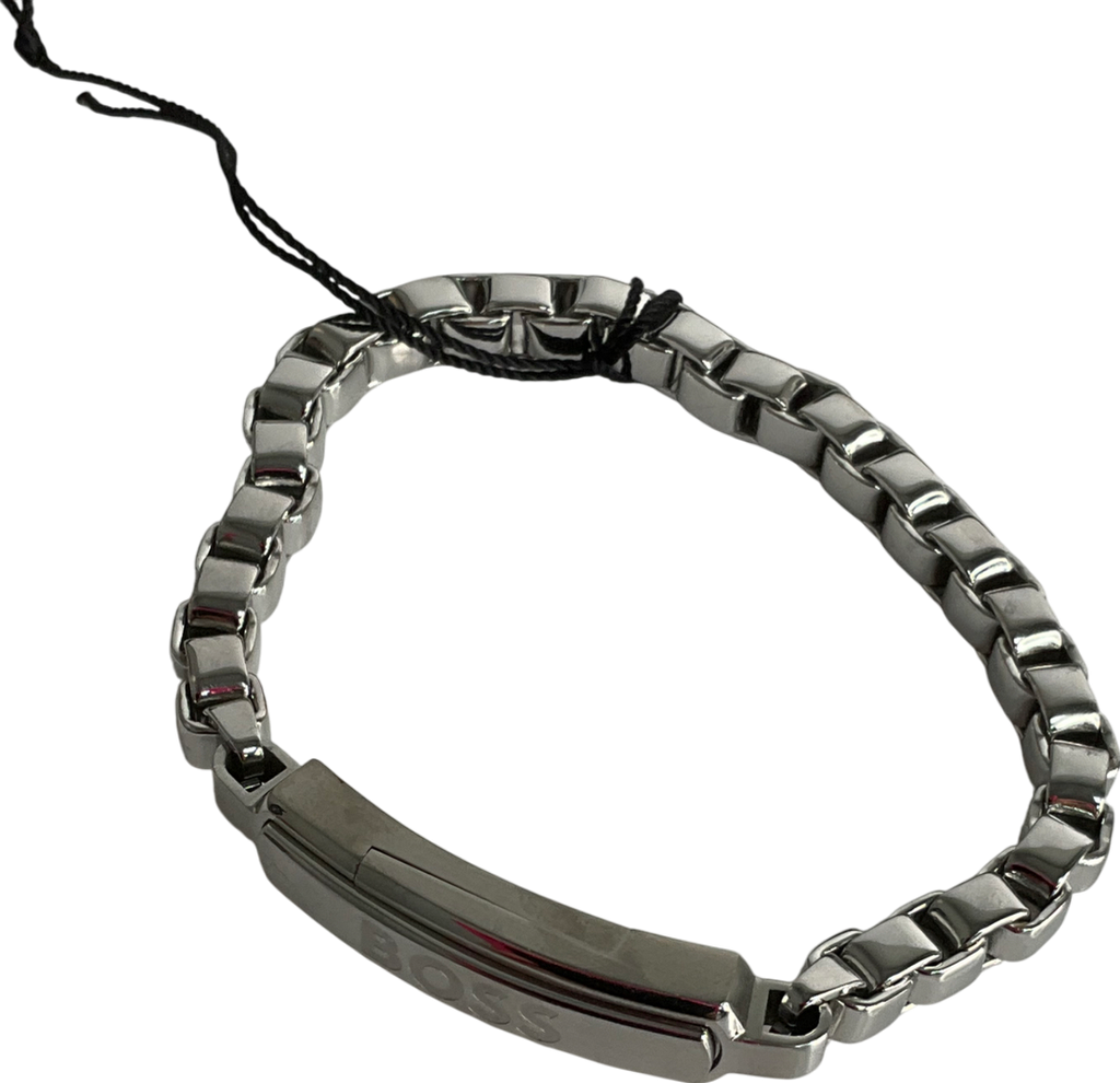 hugo boss Metallic Silver-tone Box-chain Cuff With Logo Branded Closure