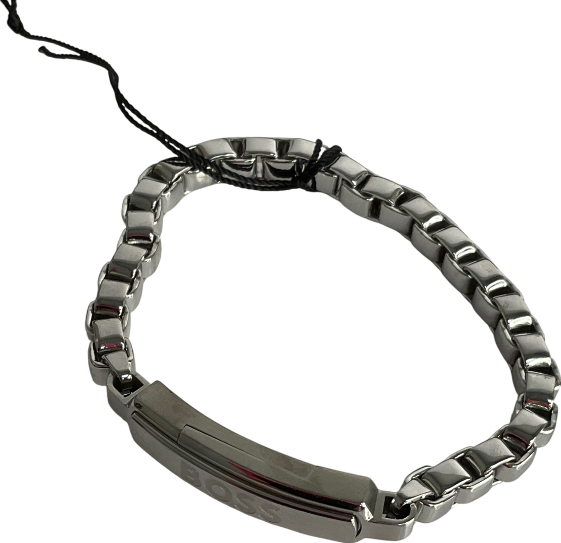 hugo boss Metallic Silver-tone Box-chain Cuff With Logo Branded Closure