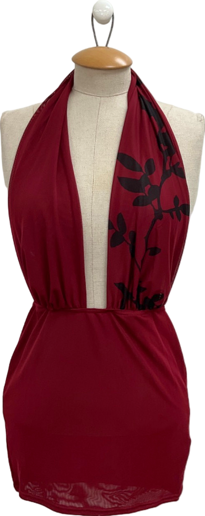 PrettyLittleThing Dark Red Flower Printed Mesh Extreme Plunge Top UK 8