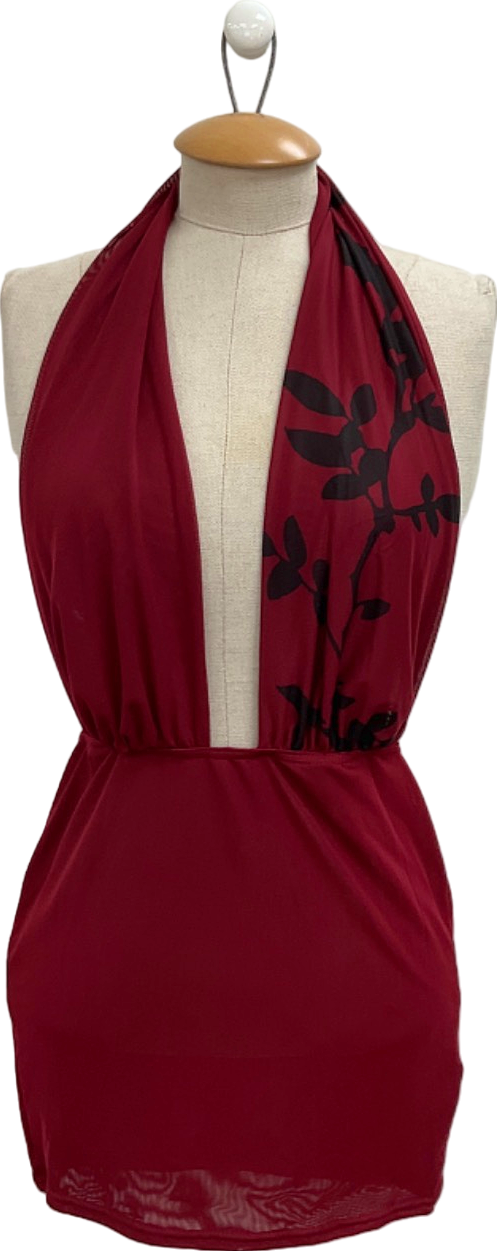 PrettyLittleThing Dark Red Flower Printed Mesh Extreme Plunge Top UK 8