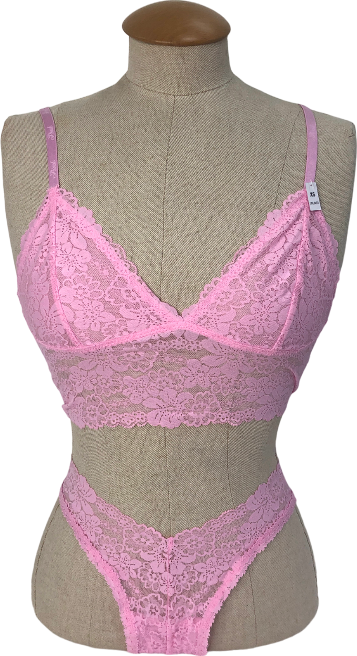 Pink Pink Lace Bralette And Brazillian Strappy Thong UK XS