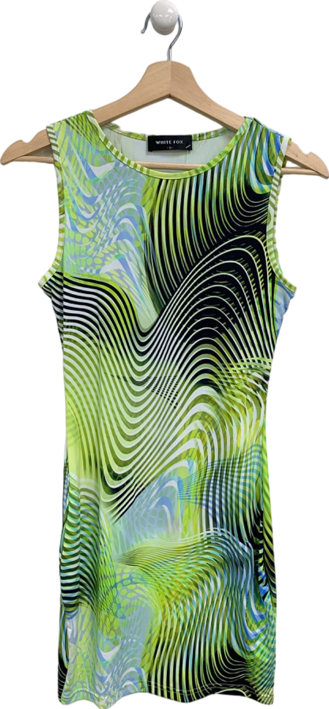 White Fox Green Abstract Print Sleeveless Dress UK S