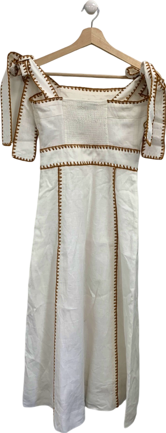 LUG VON SIGA White Ornella Uzbek embroidered linen midi dress UK 8
