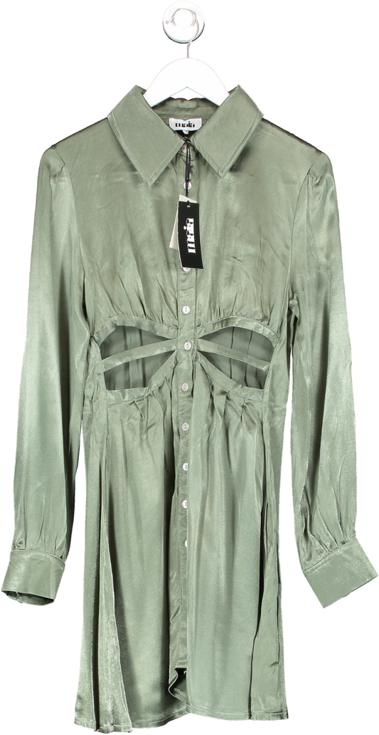maia Green Blair Cut Out Khaki Satin Shirt Dress UK 10