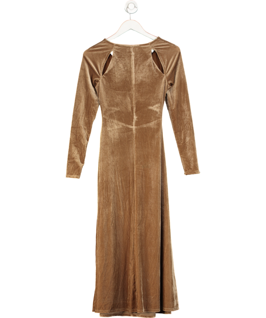 AFRM Cala Ribbed Cutout Long Sleeve Velvet Midi Dress - Brown UK XS
