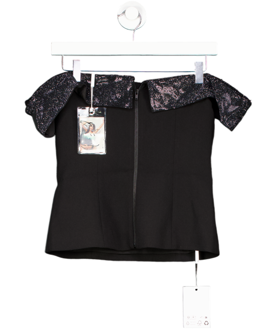 Self-portrait Black Off-the-shoulder Bow And Crystal-embellished Crepe Top UK 8