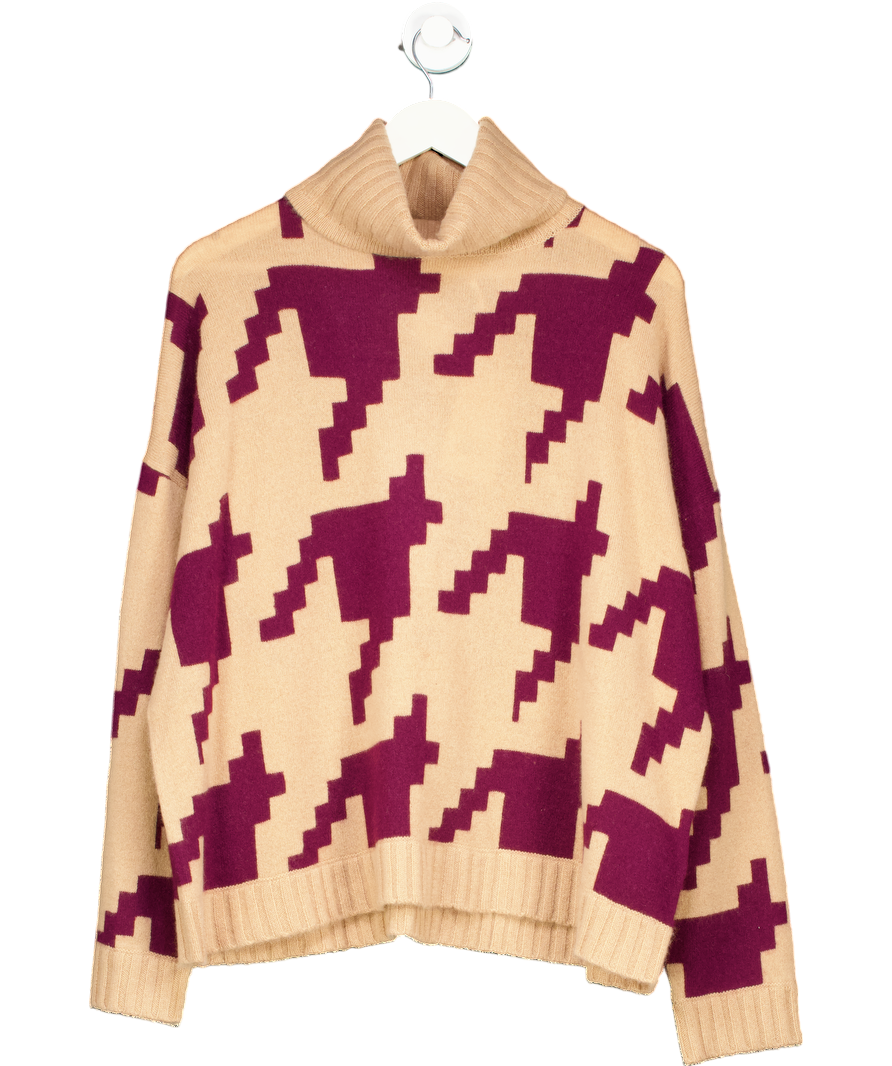 Brodie Cashmere Beige Hayley 100% luxury cashmere Houndstooth Roll Neck Sweater UK L