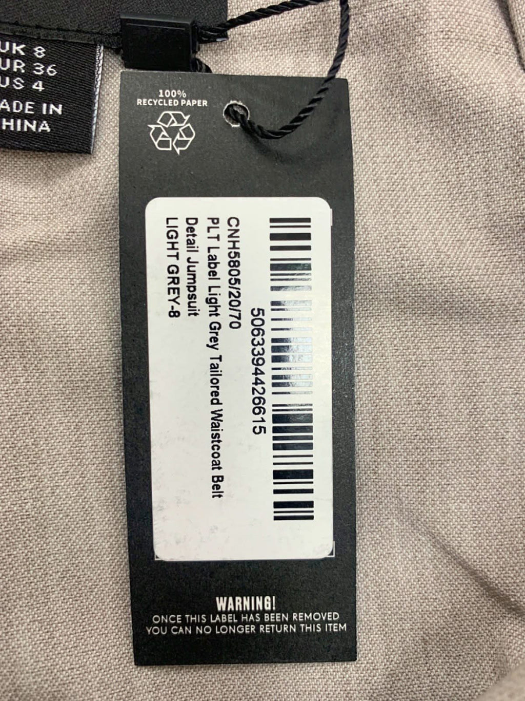 PLT Label Light Grey Tailored Waistcoat Belt Detail Jumpsuit UK 8