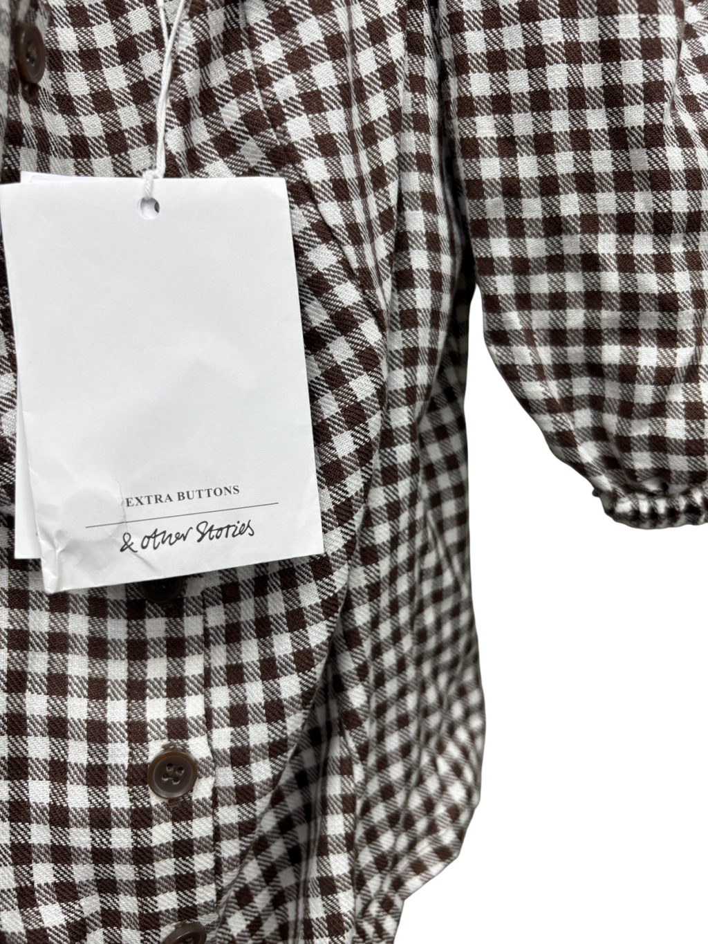 & Other Stories Brown Linen Puff Sleeve Gingham Top UK 10