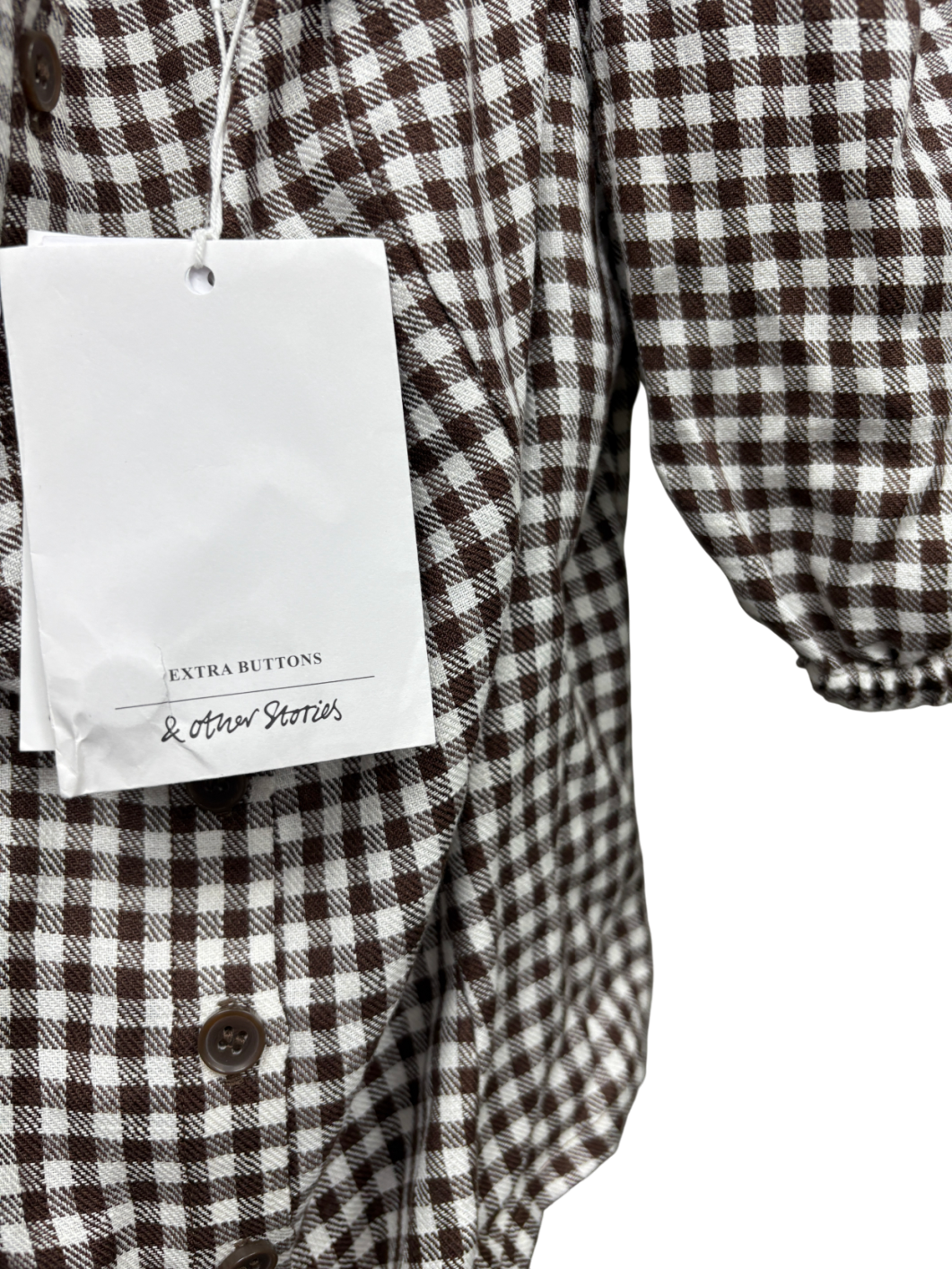 & Other Stories Brown Linen Puff Sleeve Gingham Top UK 10