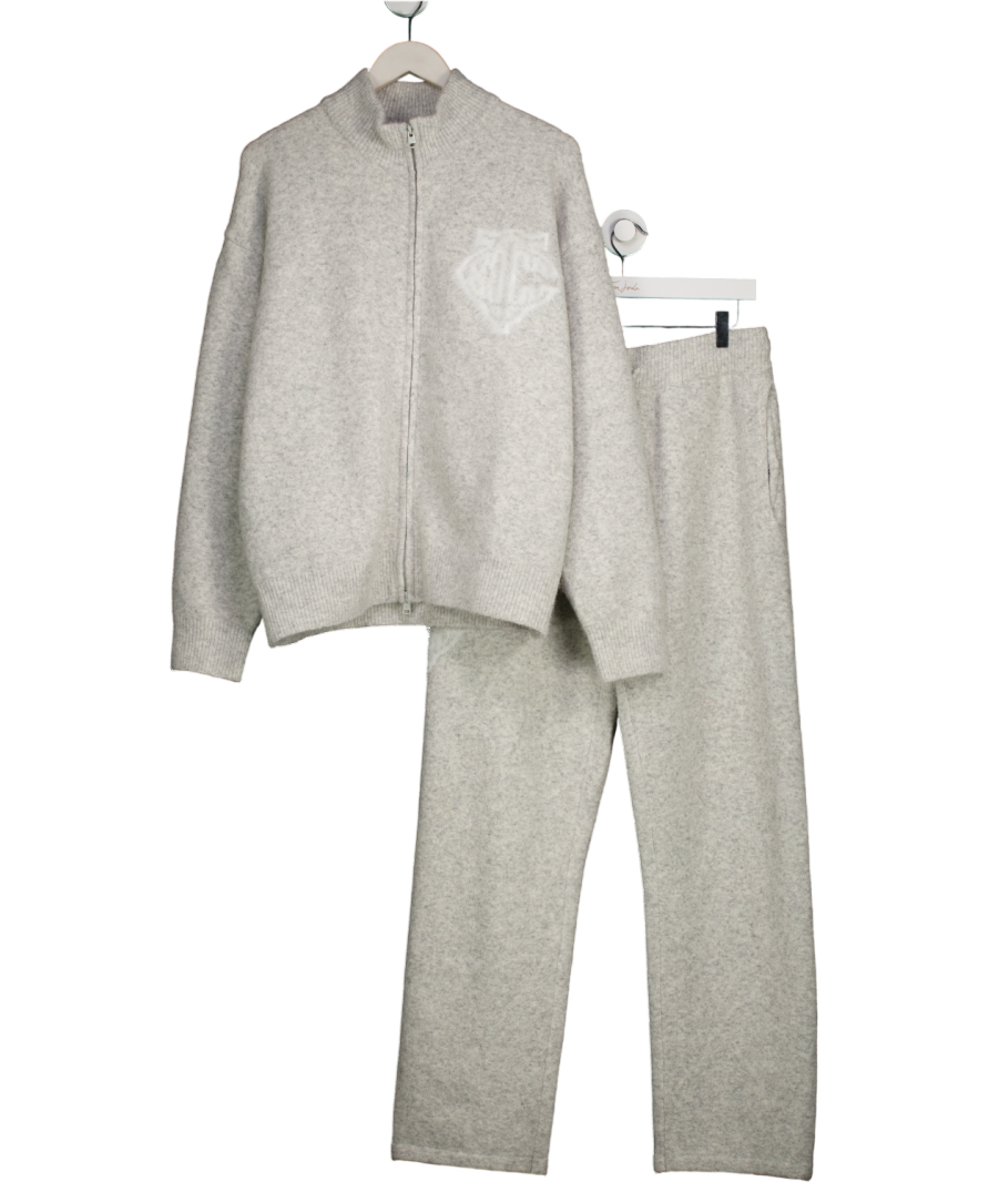 The Couture Club Light Grey 2-piece Monogram Fluffy Knit Zip Through And Straight Leg Jogger Set UK S