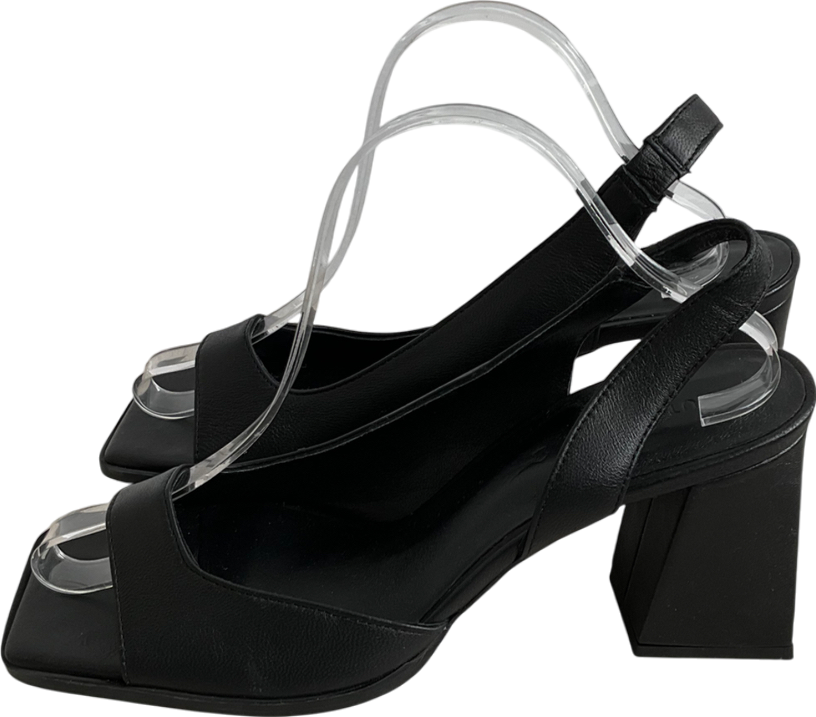 M&S Black Square Toe Leather Chunky Heels UK 8 EU 41 👠