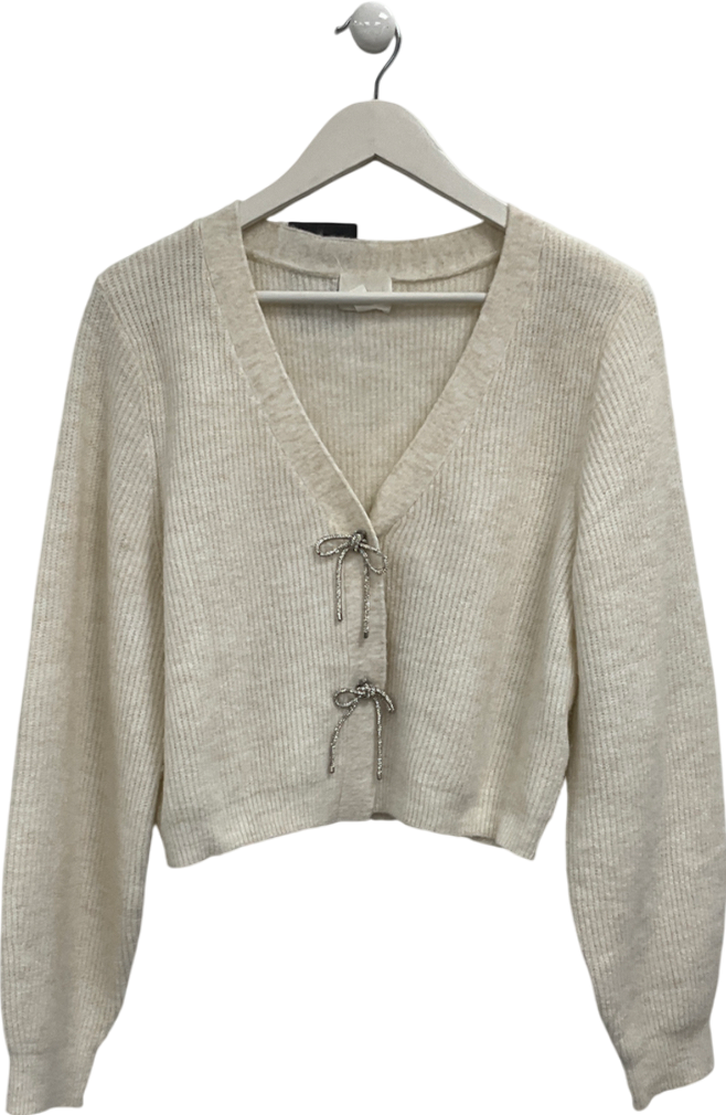 H&M White Rhinestone-bow Rib-knit Cardigan UK M