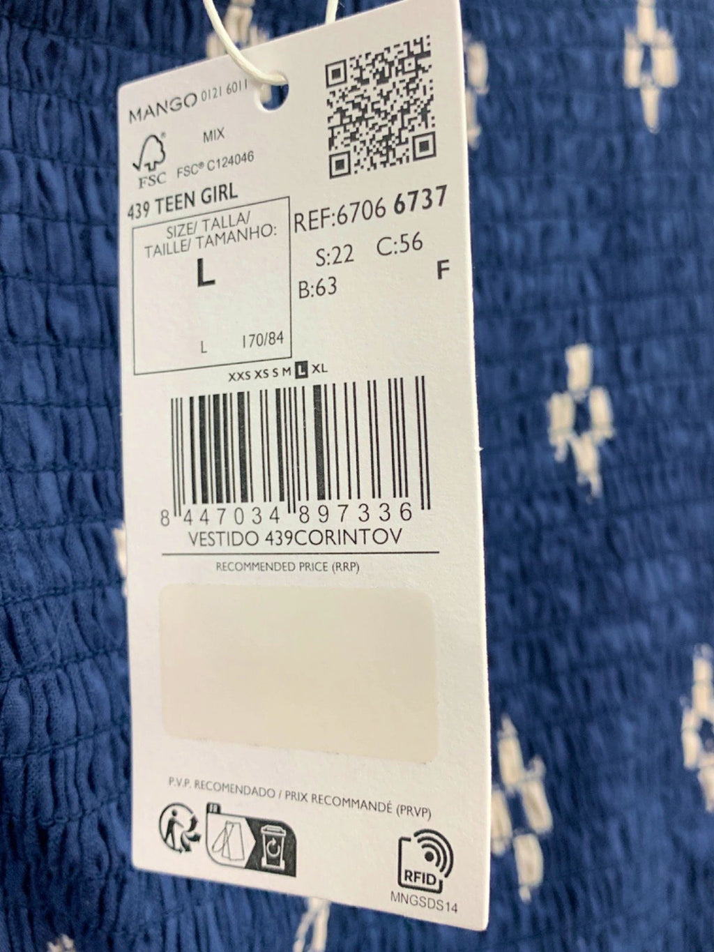 Mango Blue Smocked Strapless Dress L