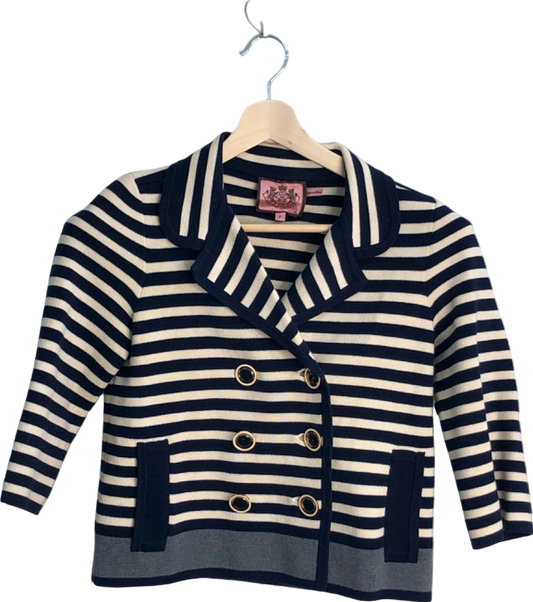 Juicy Couture Navy/White Stripe Double-Breasted Knit Jacket UK 10