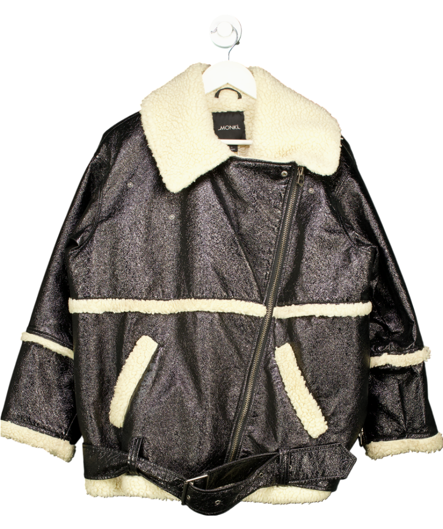 Monki Black Oversized Faux Leather / Shearling Aviator Jacket UK S