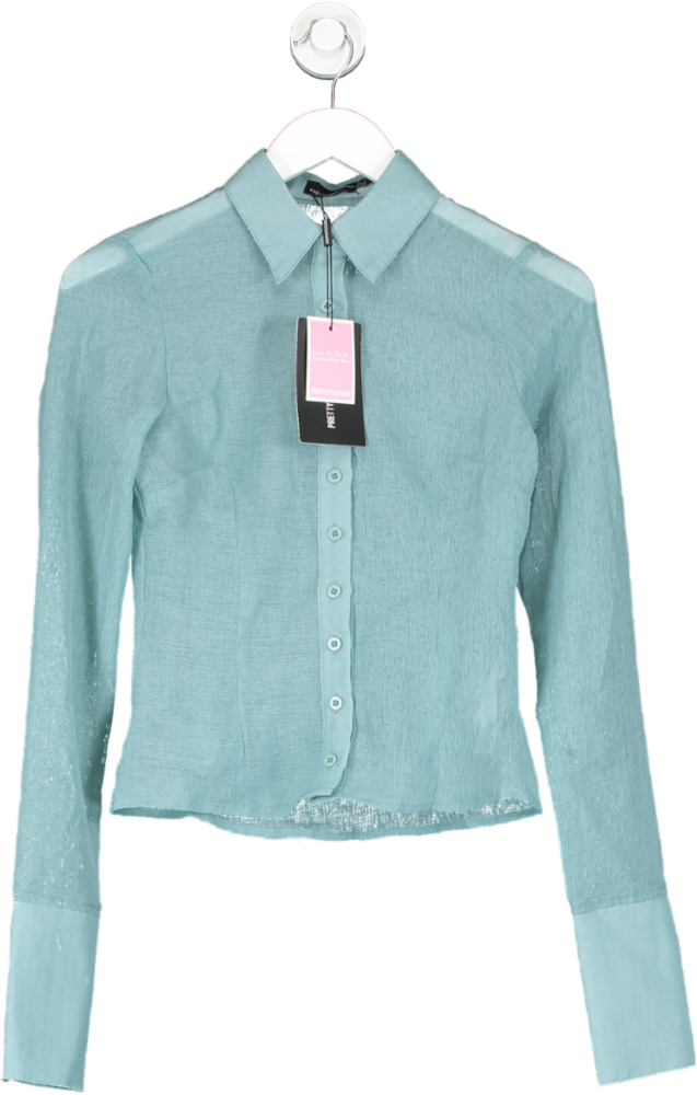 PrettyLittleThing Blue Sheer Textured Fitted Shirt UK 6