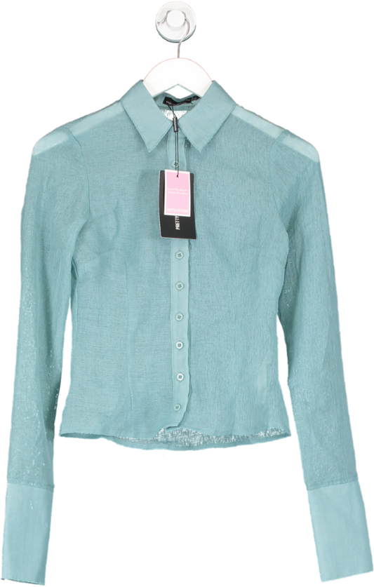 PrettyLittleThing Blue Sheer Textured Fitted Shirt UK 6