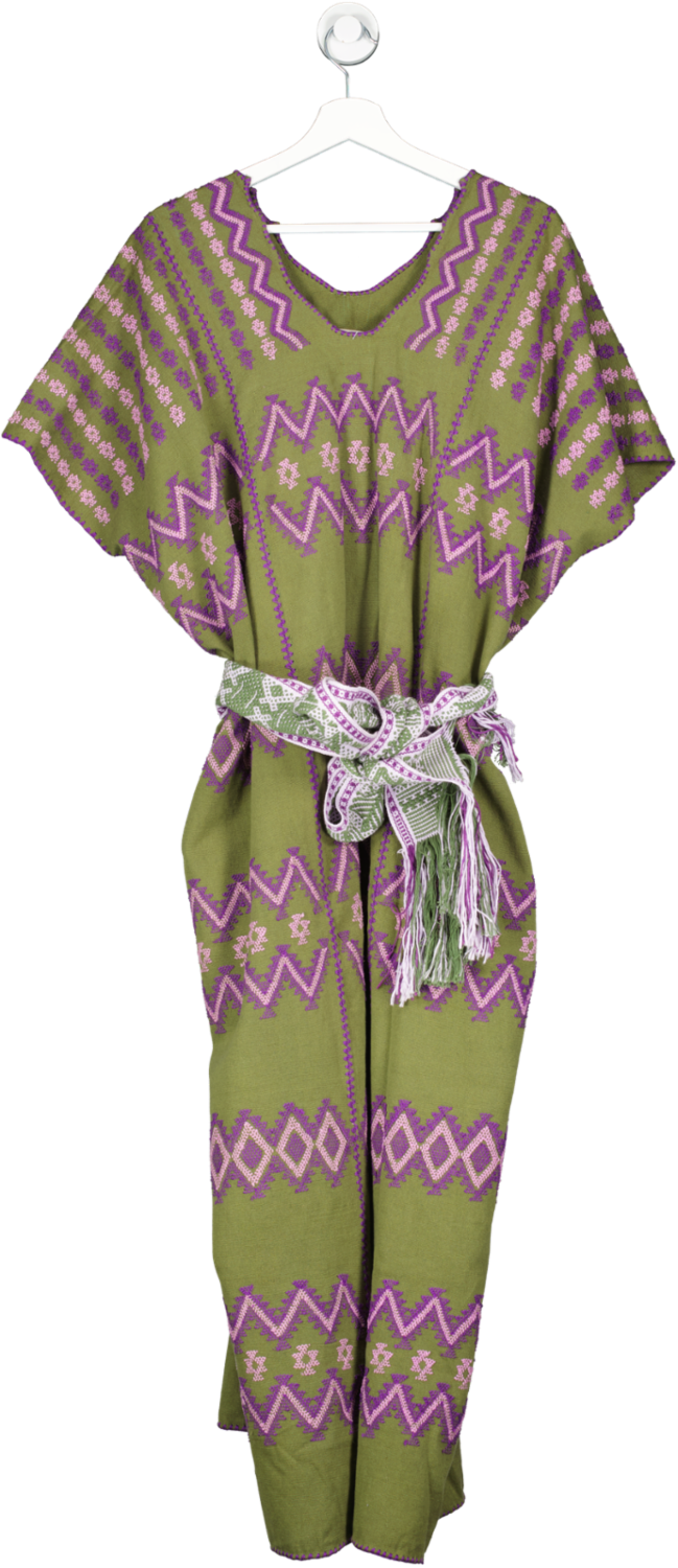 pippa holt Green Three Panel Midi Kaftan Dress In Khaki Grren, Purple And Lilac With Belt One Size
