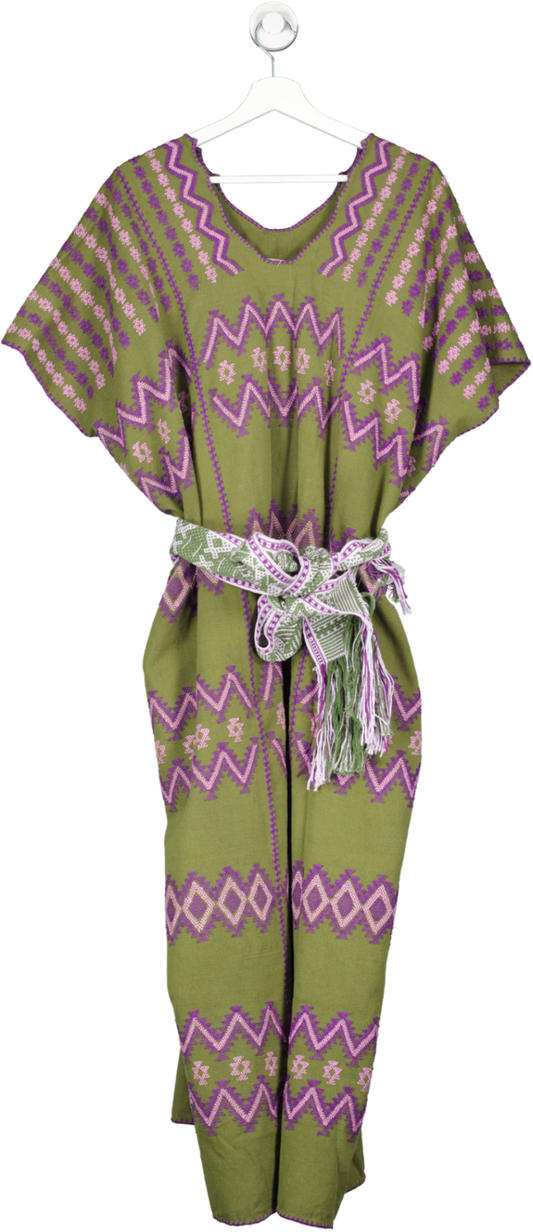 pippa holt Green Three Panel Midi Kaftan Dress In Khaki Grren, Purple And Lilac With Belt One Size