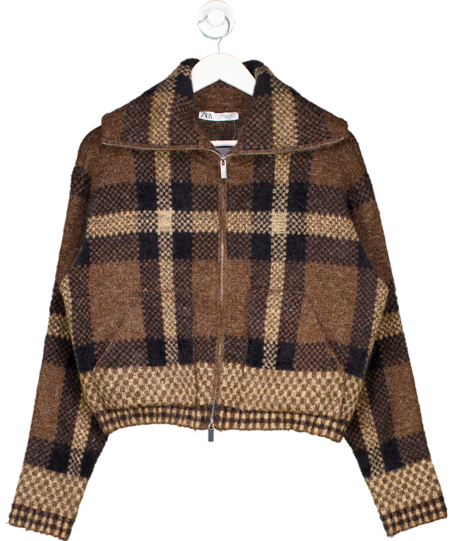 ZARA Brown Checked Knit Bomber Jacket UK M