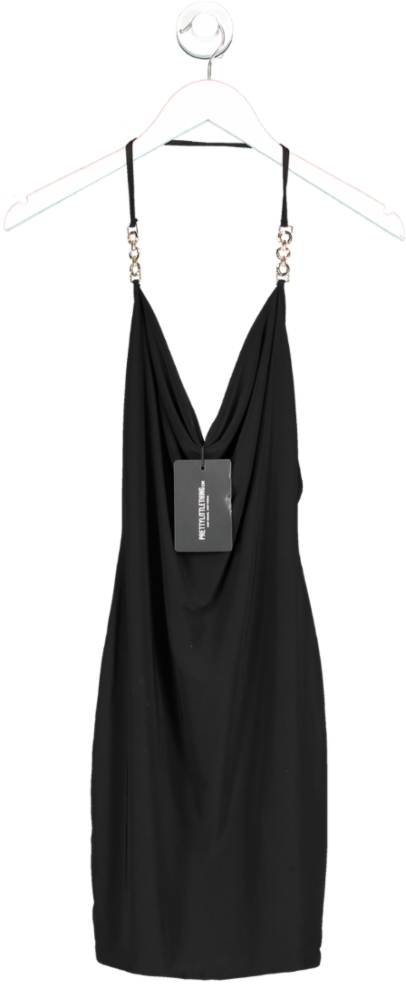 PrettyLittleThing Shape Black Slinky Chain Detail Halterneck Bodycon Dress UK 12