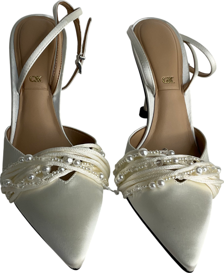 Charles & Keith White Leda Beaded Satin Ankle-strap Pumps UK 5 EU 38 👠