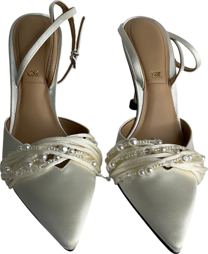 Charles & Keith White Leda Beaded Satin Ankle-strap Pumps UK 5 EU 38 👠