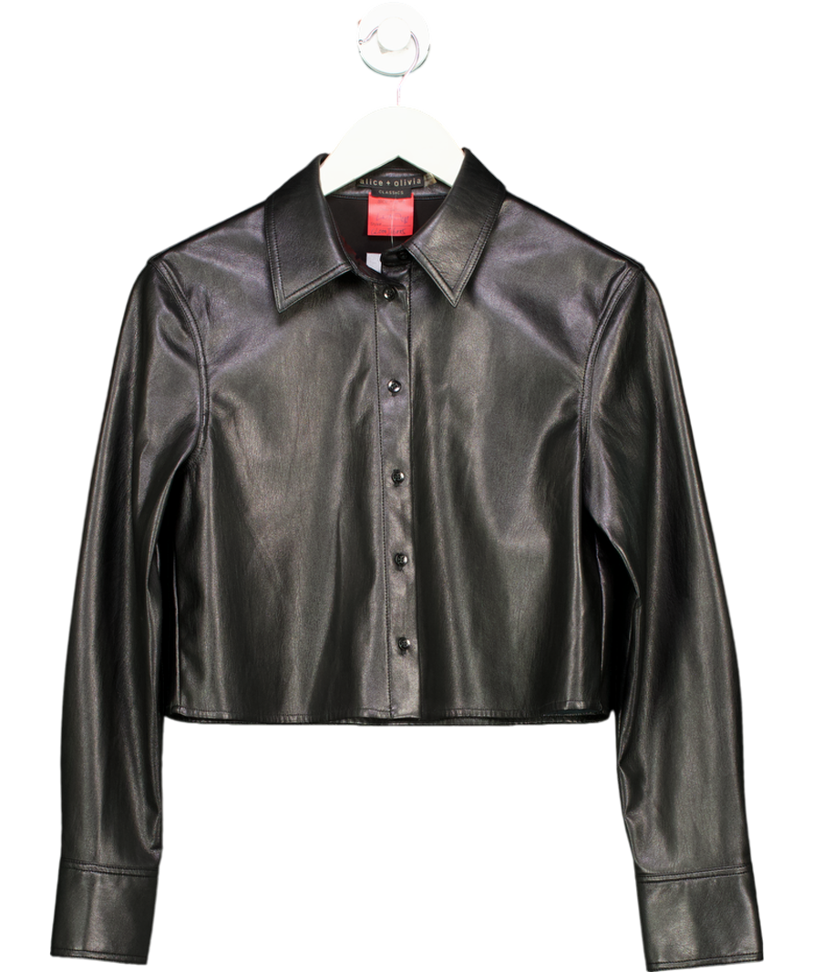 Alice + Olivia Black Faux Leather Cropped Shirt UK S