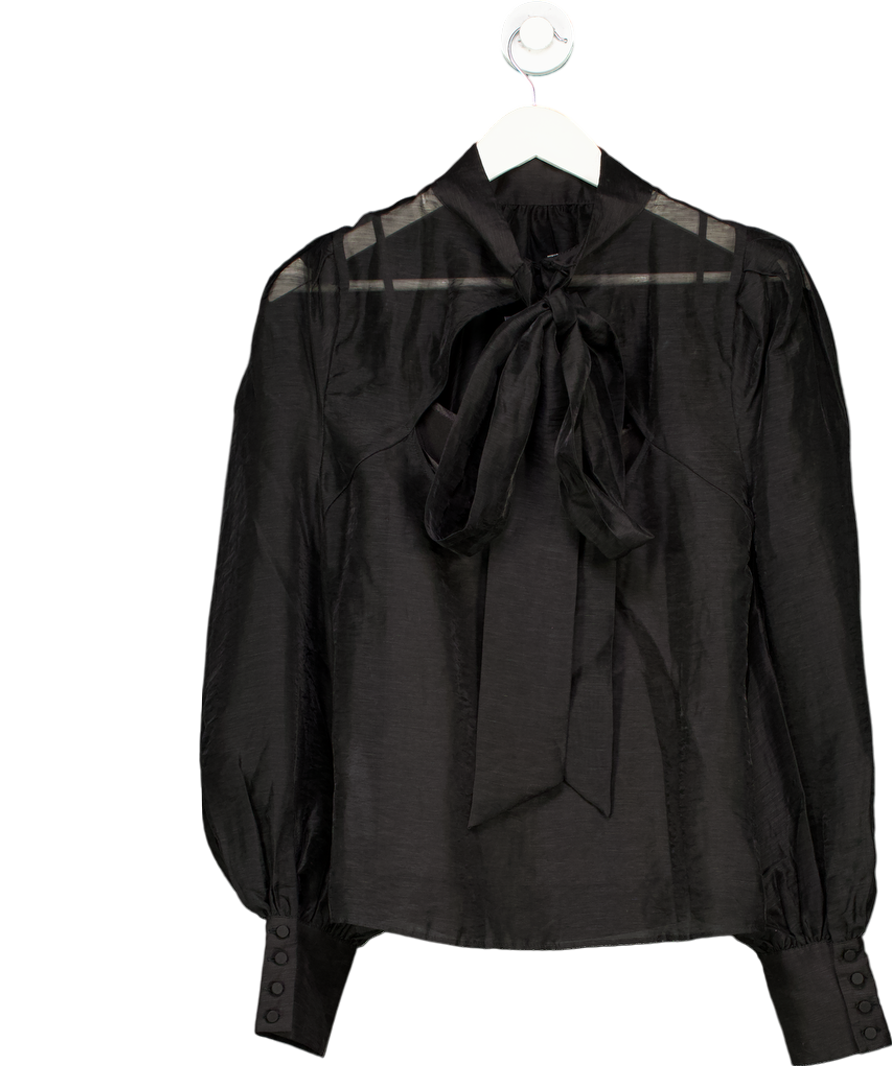 Karen Millen Black Sheer Puff Sleeve Tie Neck Blouse UK 10