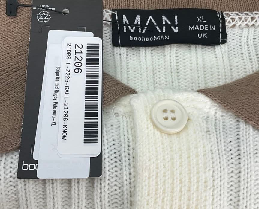 boohooMan Beige Striped Knitted Rugby Polo Shirt UK XL