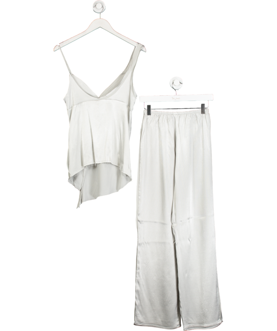 ZARA Metallic Silver Satin Detailed Strappy Top With Matching Cuffed Trousers UK S